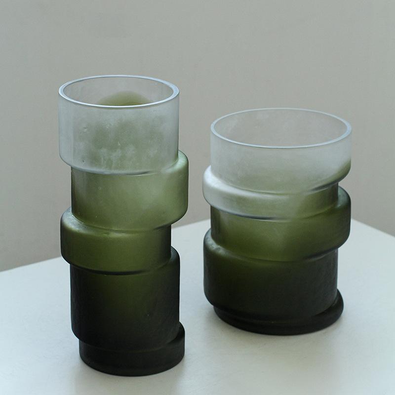 Vase en Verre Géométrique Désaligné Dégradé Mat Vert Joint de Bambou Vase en Verre Hydroponie Terrarium Accessoires de Décoration pour la Maison