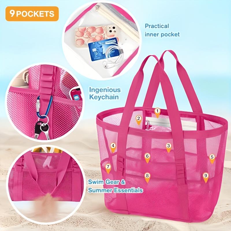 Summer Essentials Large Sandproof Mesh Beach Tote Bag with Pockets, Foldable Portable Shoulder Bag, Large Capacity Multi-Pocket Storage for Beach