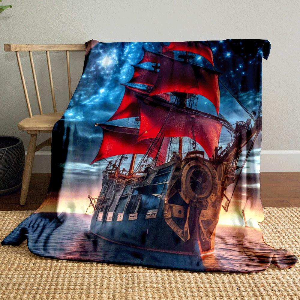 A Ship with Vibrant Red Sails Against a Starry Night and Sunset Backdrop. for All Seasons Blanket Lunch Break Throw Gift