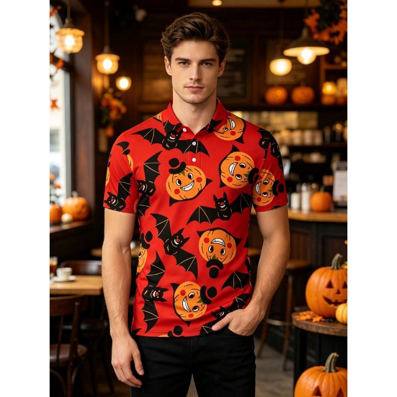 Men's Short Sleeve Polo Shirt Funny Whimsical Cartoon Duck Witch Hat Ghost Pumpkin Print Halloween Top for Party and Casual Wear