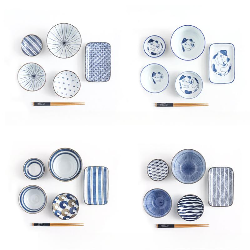 Japonský styl modrobílé porcelánové jídelní sady pro jednu osobu k večeři zahrnují misky, talíř, hůlky, sadu nádobí, keramickou dárkovou sadu 6 kusů