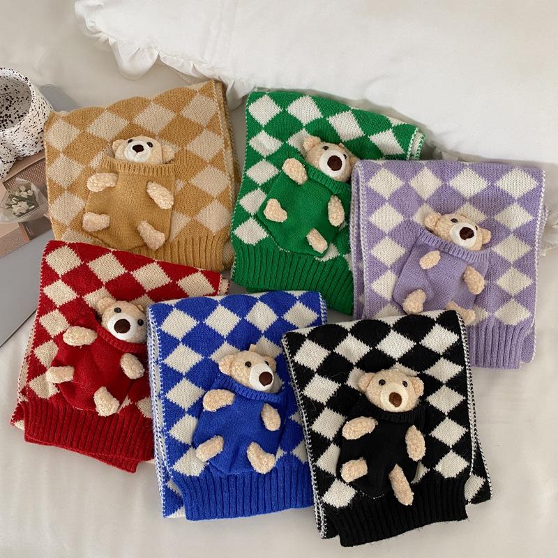 Cute bear short knitted handmade DIY scarf women's winter warm versatile student wool scarf