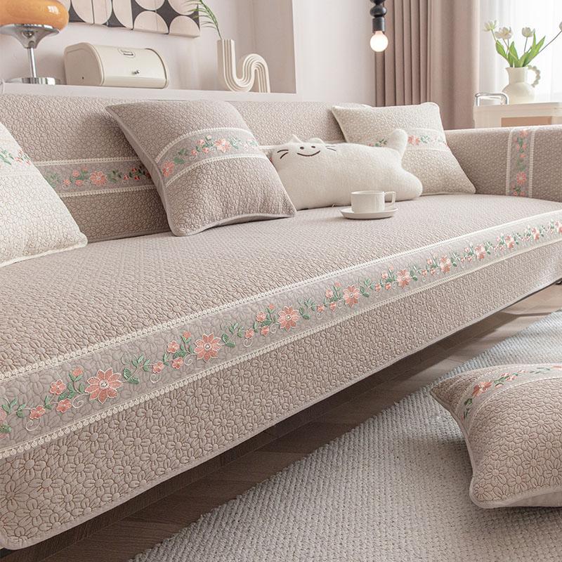Pure Cotton Lace 3D Embroidered Sofa Cushion Pastoral Non-Slip Sofa Cover for All Seasons Skin-Friendly Soft Furniture Protector