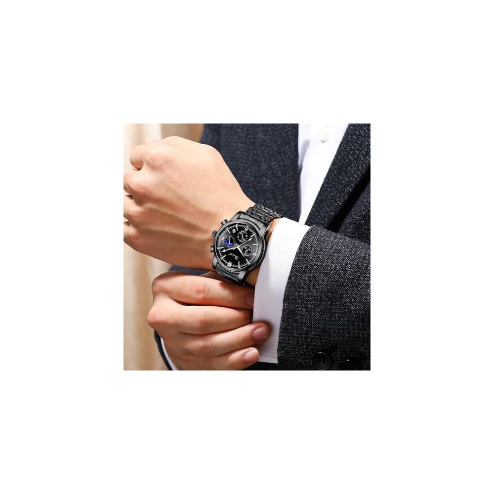 DIZIZID Men's Analog Quartz Chronograph Watch Black Stainless Steel Date Display Waterproof Multi-Function