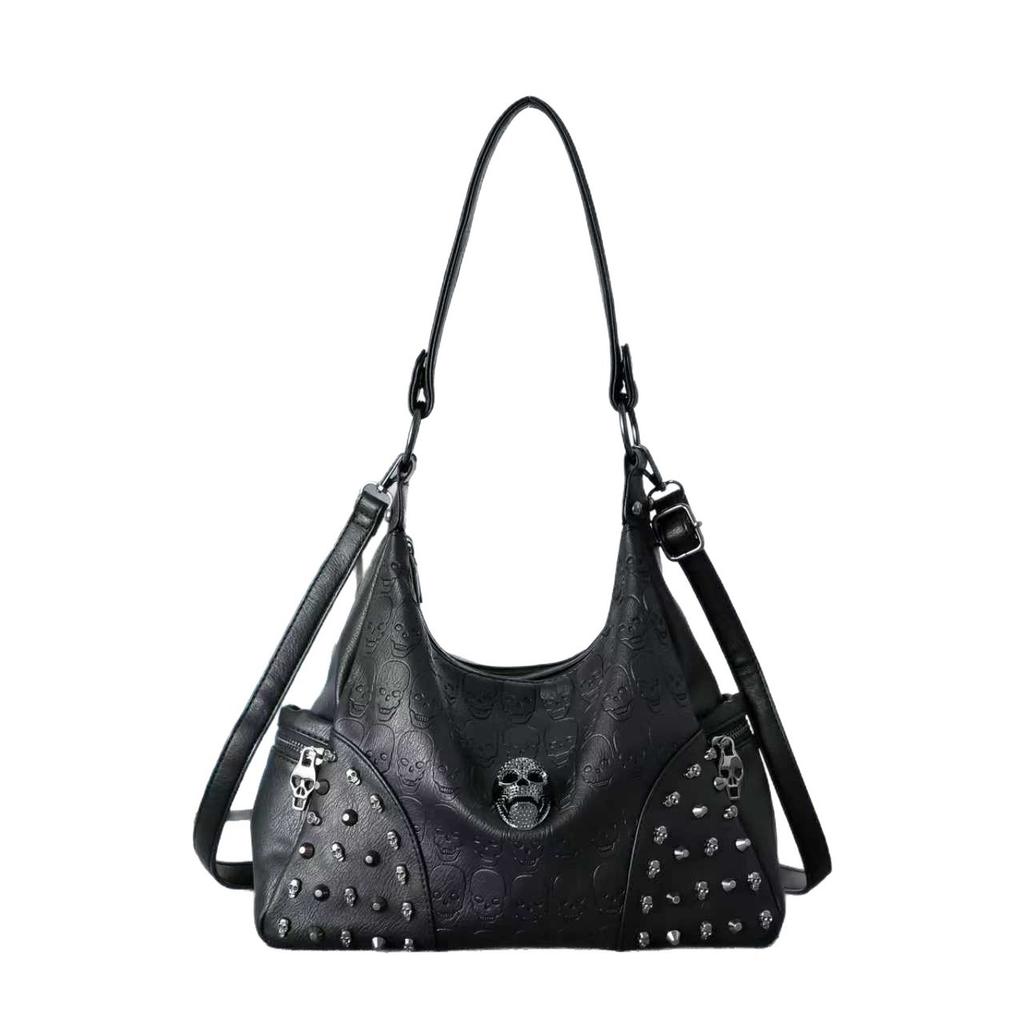 Black Skull Head Riveted Women's Bag Single Shoulder Crossbody Bag Retro Punk Style Large Capacity Handheld Tote Bag