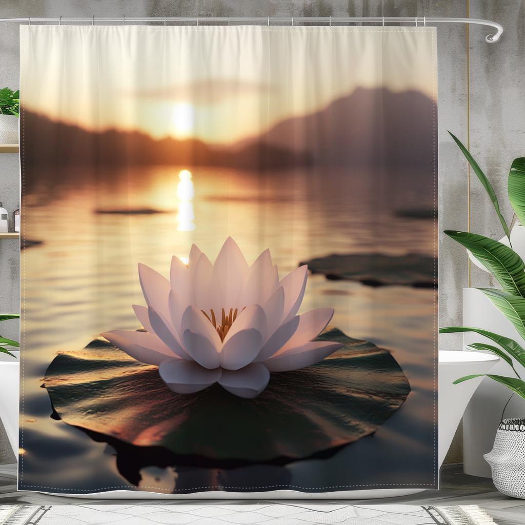 1 Sunset Lake Lotus Shower Curtain - Polyester, with Vibrant Pink Lotus and Tranquil Mountain Landscape Design, Machine Washable