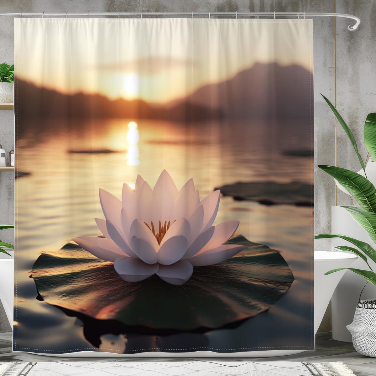 

1 Sunset Lake Lotus Shower Curtain - Polyester, With Vibrant Pink Lotus And Tranquil Mountain Landscape Design, Machine Washable W60H190(CM)-1 Pcs
