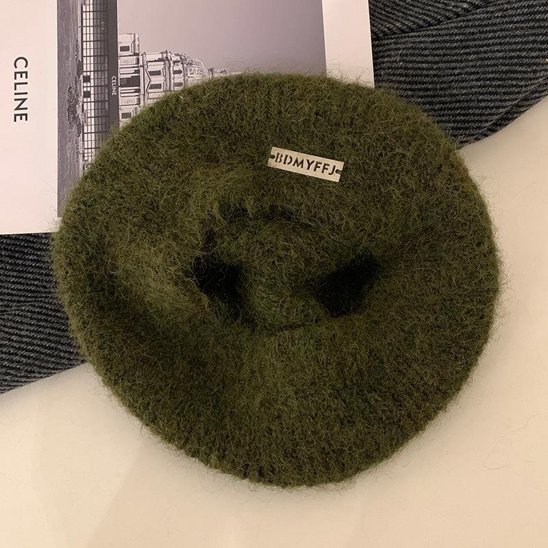 Mohair Gestrickte Baskenmütze Damen Neuer Winterstil Japanisch All Match Großer Kopfumfang Grau Wolle Malermütze
