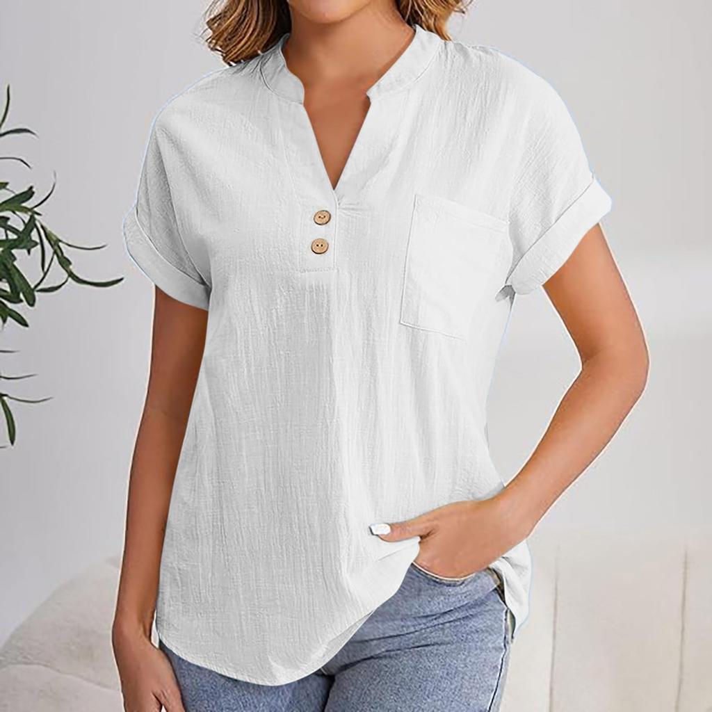 Women's Fashion Solid Color V Neck Button Pocket Short Sleeved Shirt Cotton Casual  T-shirt Top