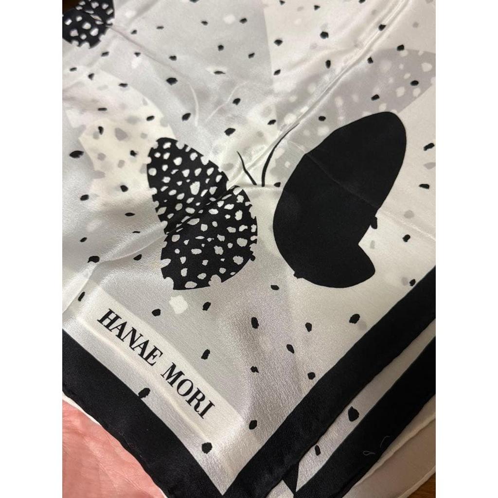 Used Hanae Mori Silk Scarf Black and White Furoshiki