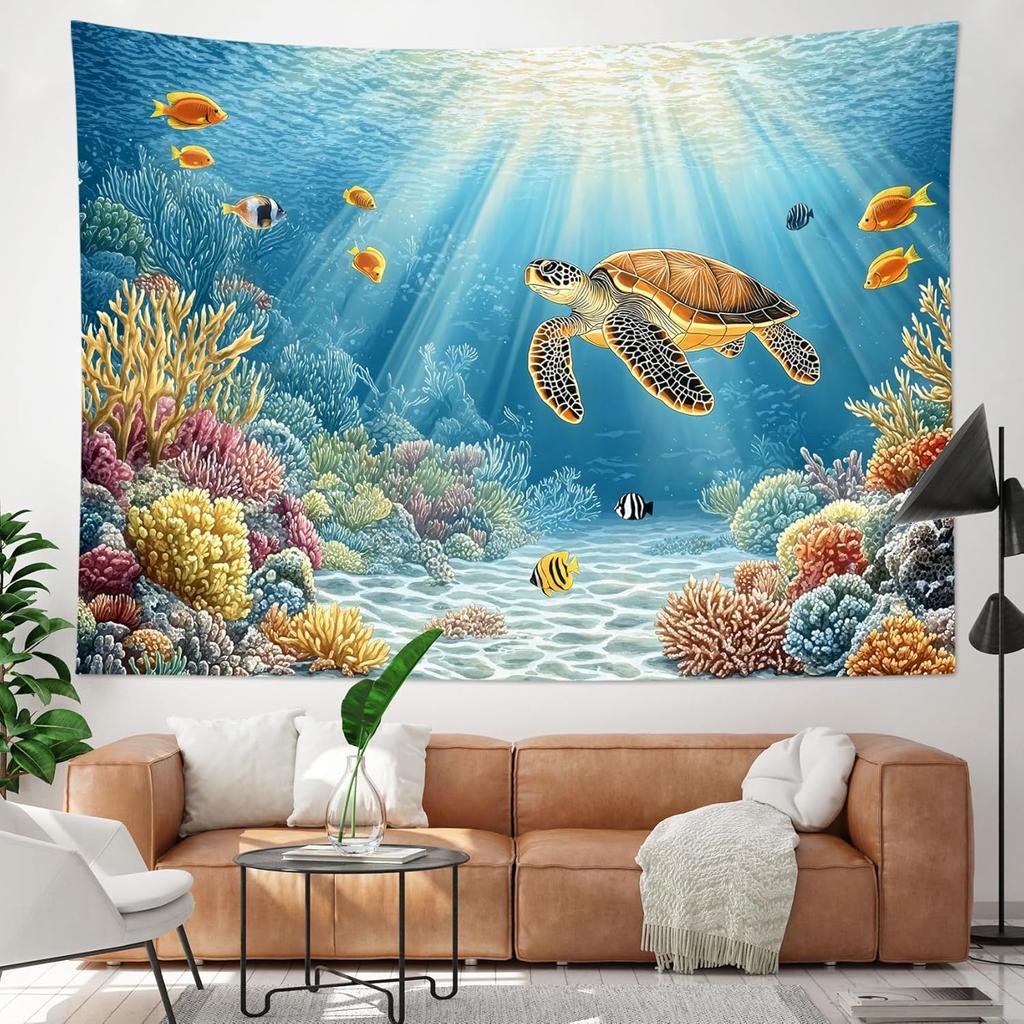 Blue Ocean Sea Turtle Tapestry Coastal Under the Sea Tropical Fish Coral Wall Tapestry for Bedroom Underwater World Sea Life