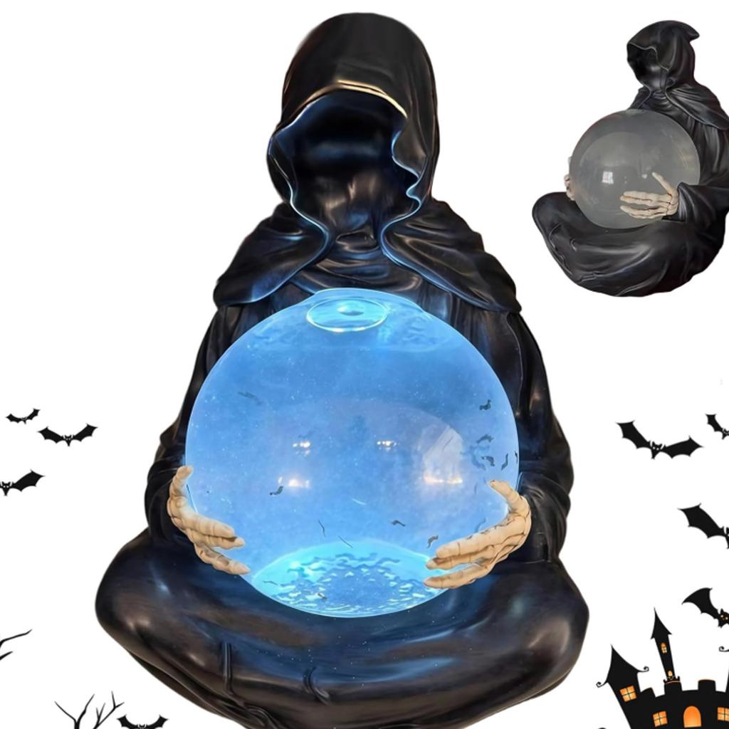 Resins Death God Sculpture Crystal Ball Halloween Decors LED Light Up With Flying Bats For Home Party Collectible Gift
