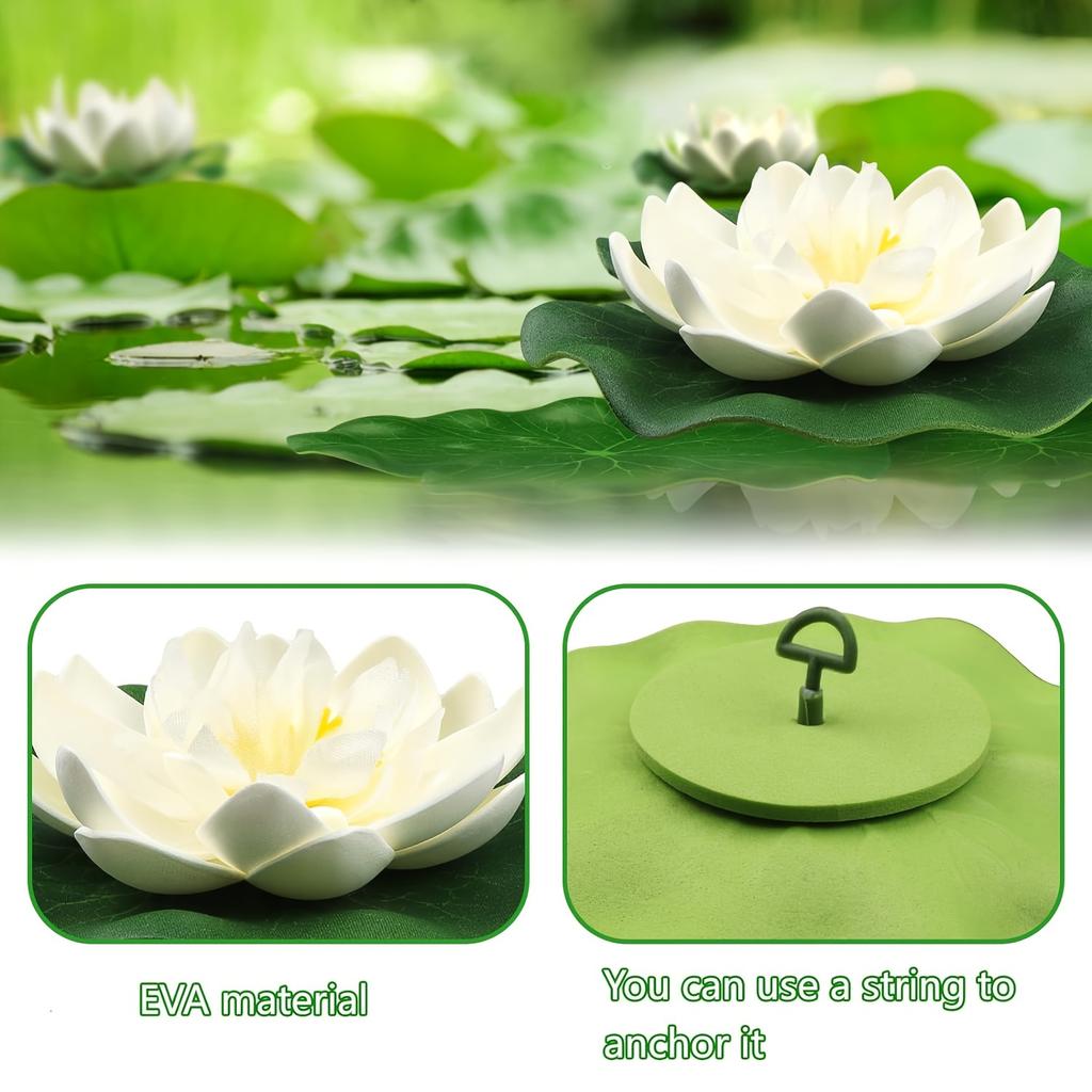 6pcs EVA Artificial Lotus Flowers with Lily Pads - Floating Foam Pond Plants for Aquarium, Pool, Water Garden Decoration