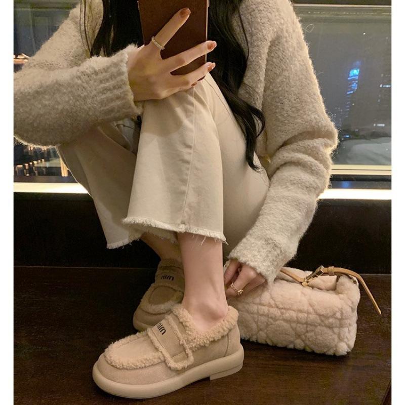 Autumn and Winter New Lazy One-pedal Cotton Shoes Versatile Thick-soled Piled Thickened Fluffy Single Shoes Women