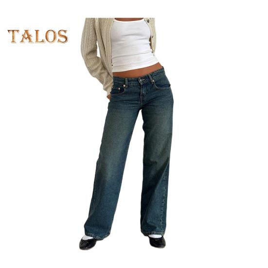 Damenhose mit Taschen, niedrige Taille, gerades, weites Bein, Knopf-/Reißverschluss, lange Hose für den Alltag und Reisen