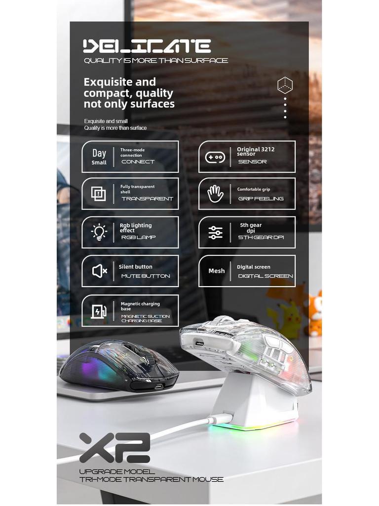 Attack Shark X2PRO RGB Luminous Wireless Bluetooth Transparent Gaming Mouse with Screen