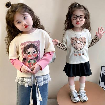 Girls' Spring & Autumn Korean Style Two-in-One Cartoon Print Long Sleeve T-Shirt - Stylish & Casual