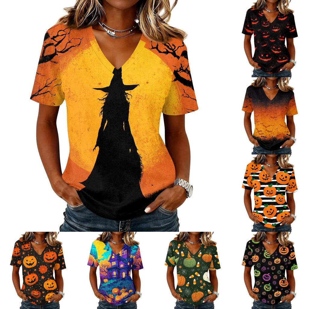 Womens Casual Short Sleeve Pullover Top V Neck Halloween Pumpkin Print Shirt Lightweight Comfortable Fit