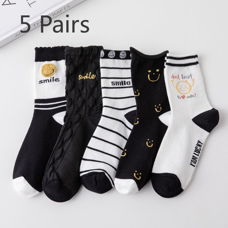 

5 пар женских гольфов до середины икры для весны и осени, длинные хлопковые носки для верхней одежды, длинные носки для осени и зимы, ретро махровые носки для женщин 5 pairs