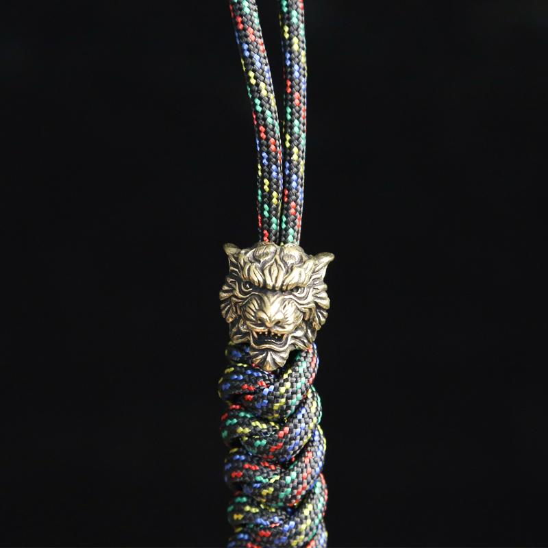 Tiger King Head Sculpture Brass Knife Beads EDC DIY Paracord Pendants Accessories Outdoor Survival Tool Woven Lanyard Hangings
