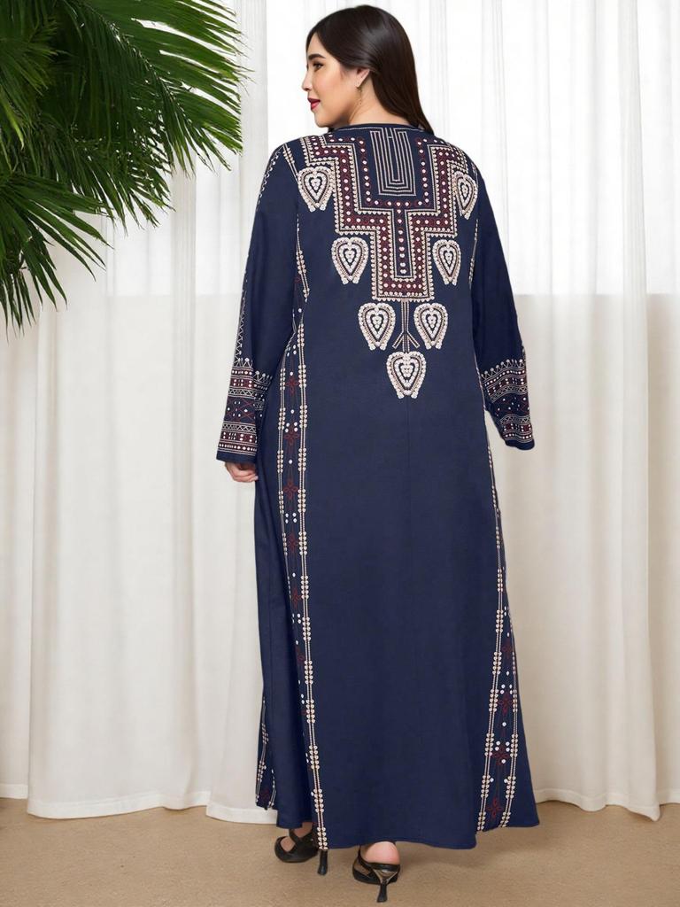 Middle Eastern Ethnic Style Navy Blue Plus Size Long Dress with Long Sleeves