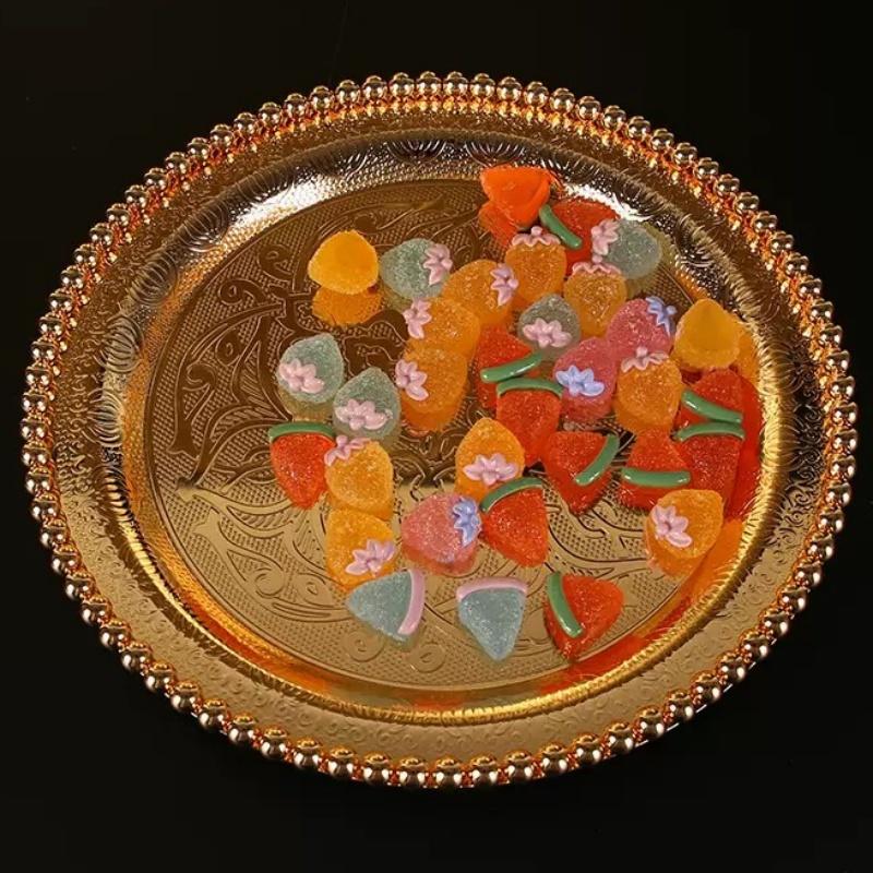 European Fruit Tray, Alloy Household Metal Round Shape High-Grade Relief Plate,Gold Snack Plate Home Table Decoration