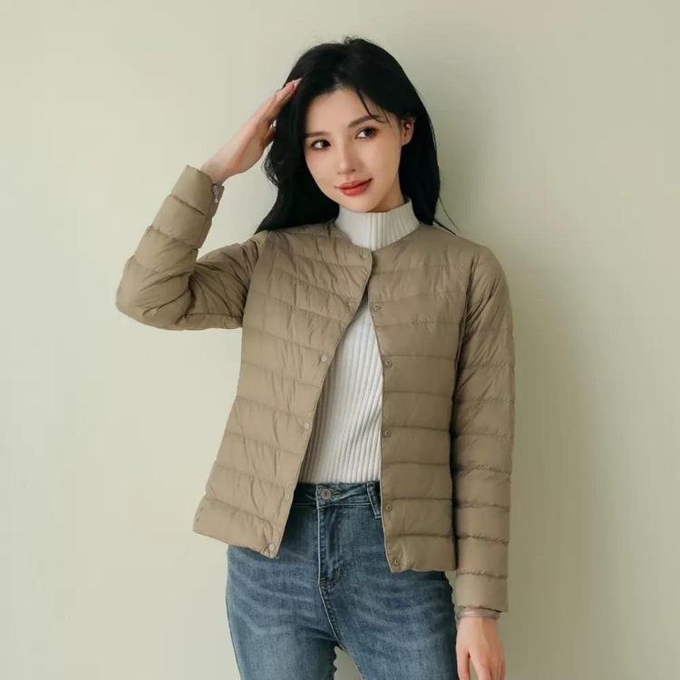 Women Puffer Jacket Down Parka Overcoat Ultralight Warm Portable Collarless O Neck Padded Spring Winter