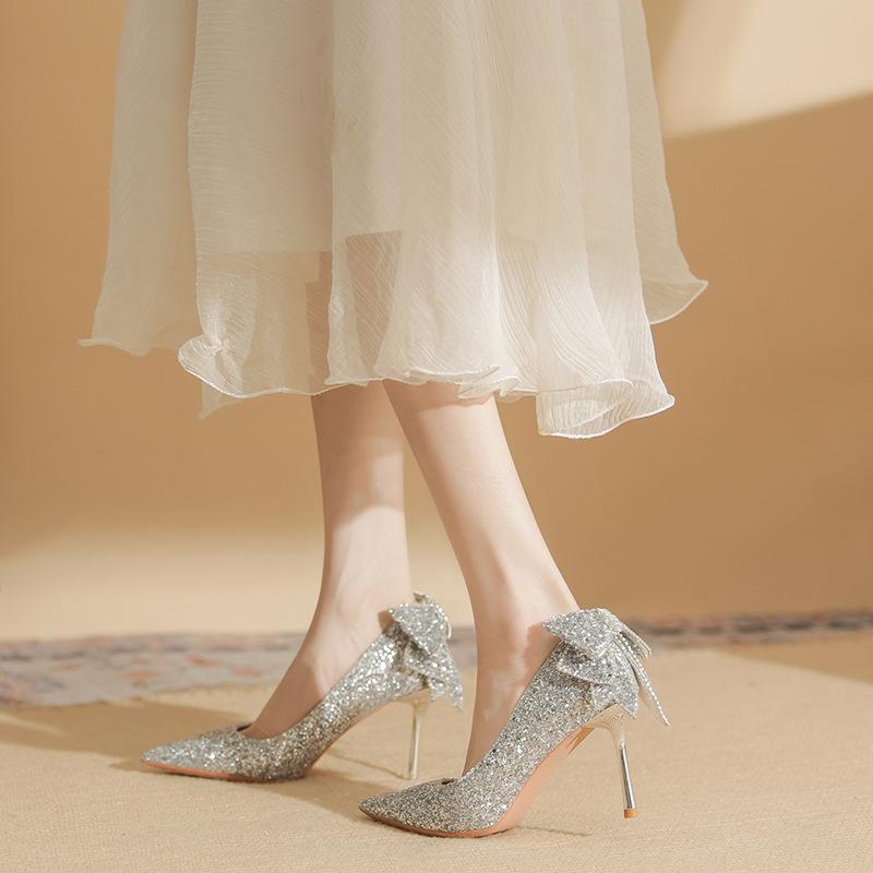 819-10 High Heels Women's Spring 2025 New Pointed Crystal Wedding Shoes Sequined Bow Stiletto Shoes