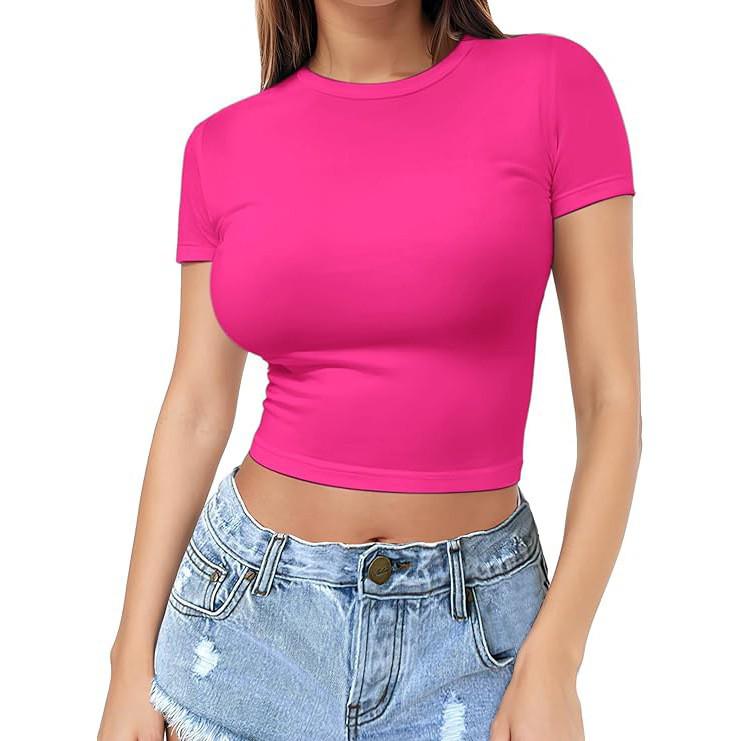 European & American Style Crop Top: Women's Summer Fashion Milk Silk T-Shirt, Short Sleeve, Round Neck.