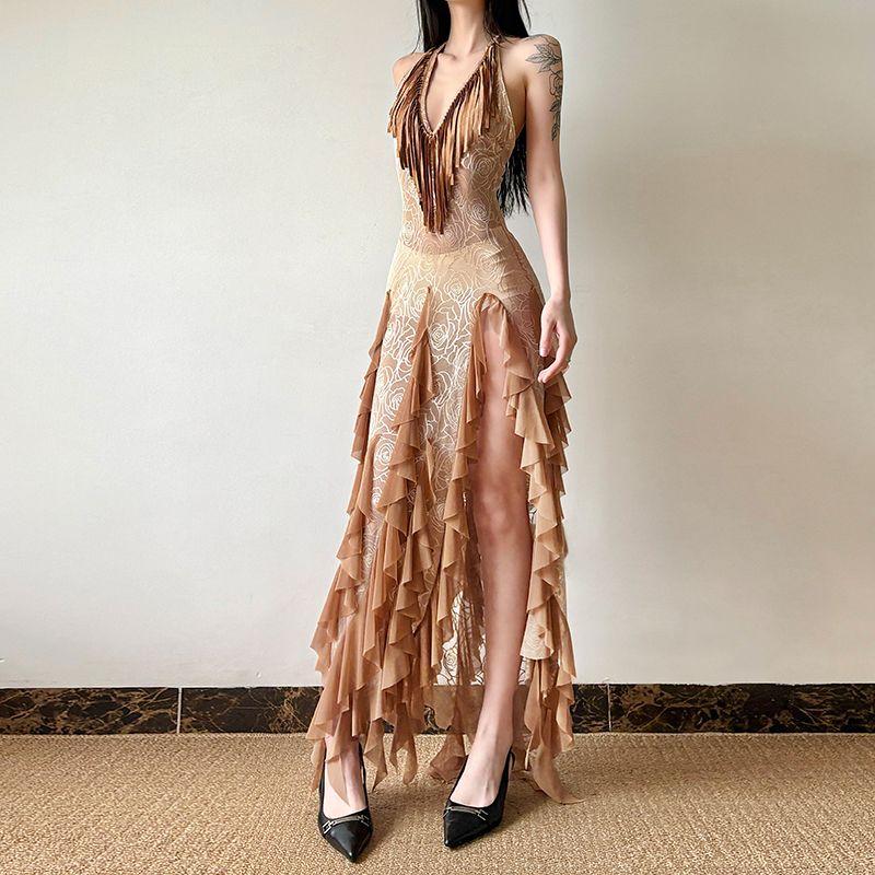 

# Sisjuly# Party Green Smart Tassel Hot Rose Dark Pattern V-neck Halter Sling Dress Women Khakis S