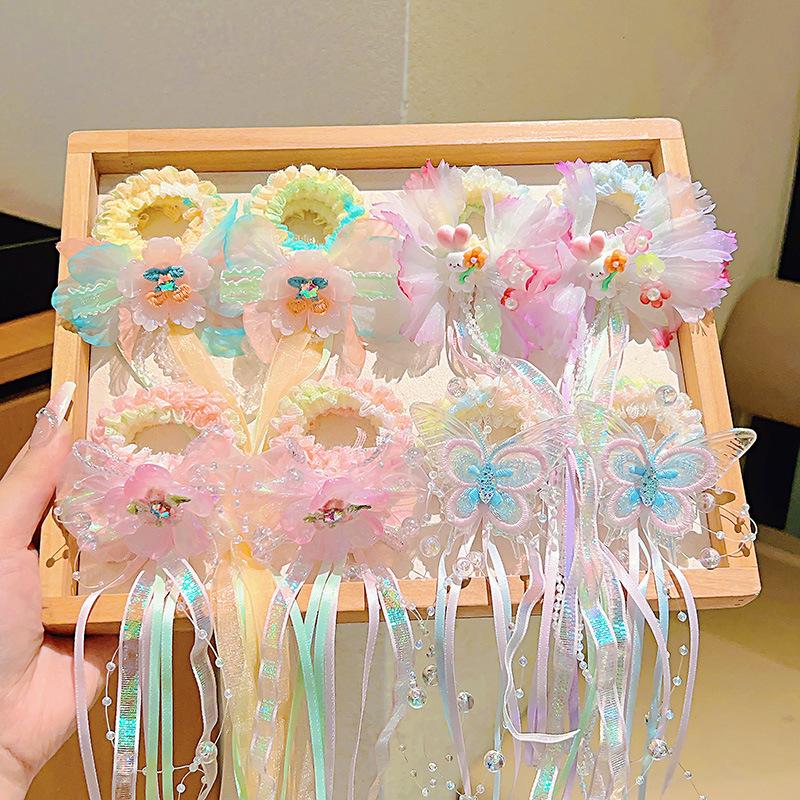 Girls' Hanfu Hair Ties - Sweet Ancient Style with Flower, Butterfly, and Tassel Ribbon Accents