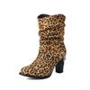Fashion Pleated Mid-calf Boots For Women Shoes Block Heeled Chain Ankle Boots Casual Women's Autumn Winter Shoes Black Leopard Size35-48
