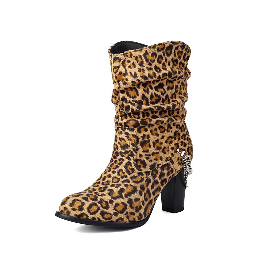 Fashion Pleated Mid-calf Boots For Women Shoes Block Heeled Chain Ankle Boots Casual Women's Autumn Winter Shoes Black Leopard Size35-48