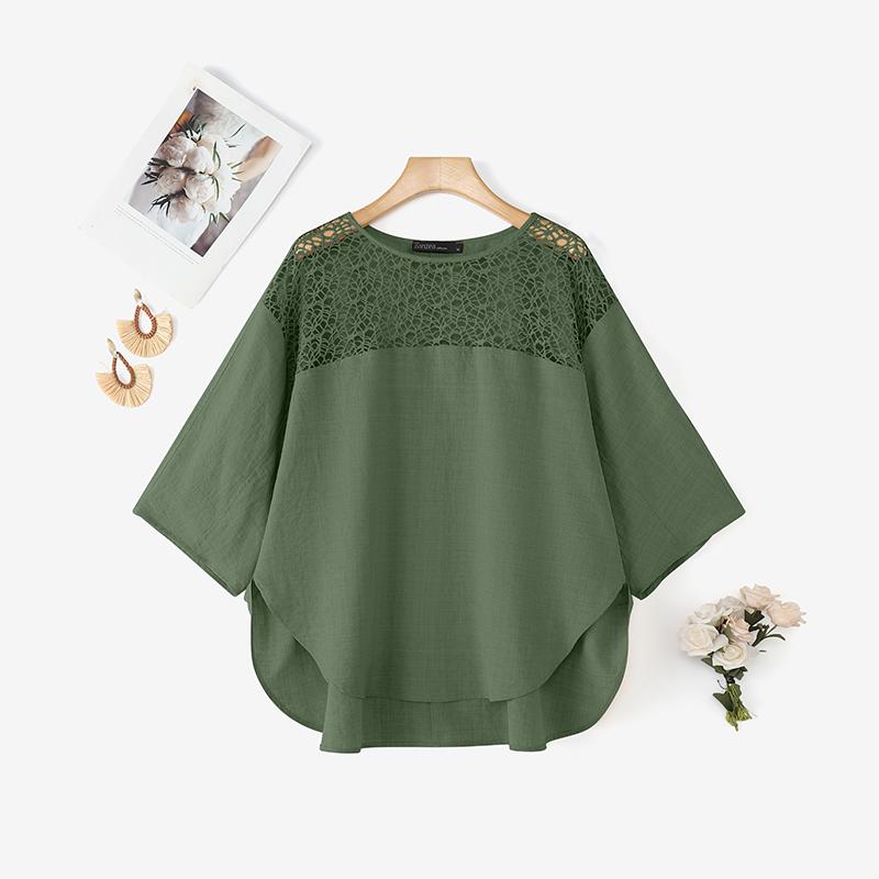 ZANZEA Women Hollow Lace Splice Round Neck Casual 3/4 Sleeve Blouse
