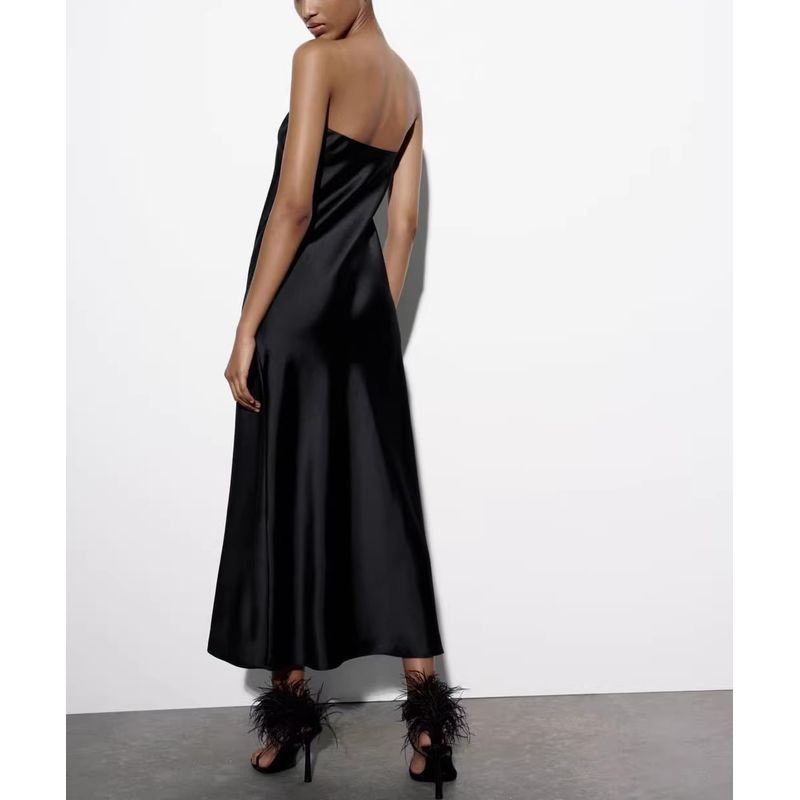 Summer French Suit Tube Top Silk Satin Texture Black Dress