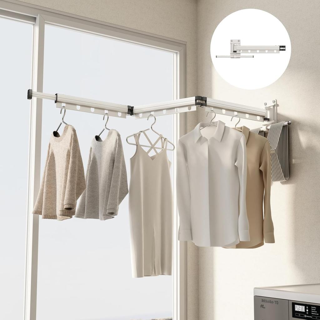 Foldable Wall-Mounted Drying Rack Retractable Space-Saving with Extra Bar