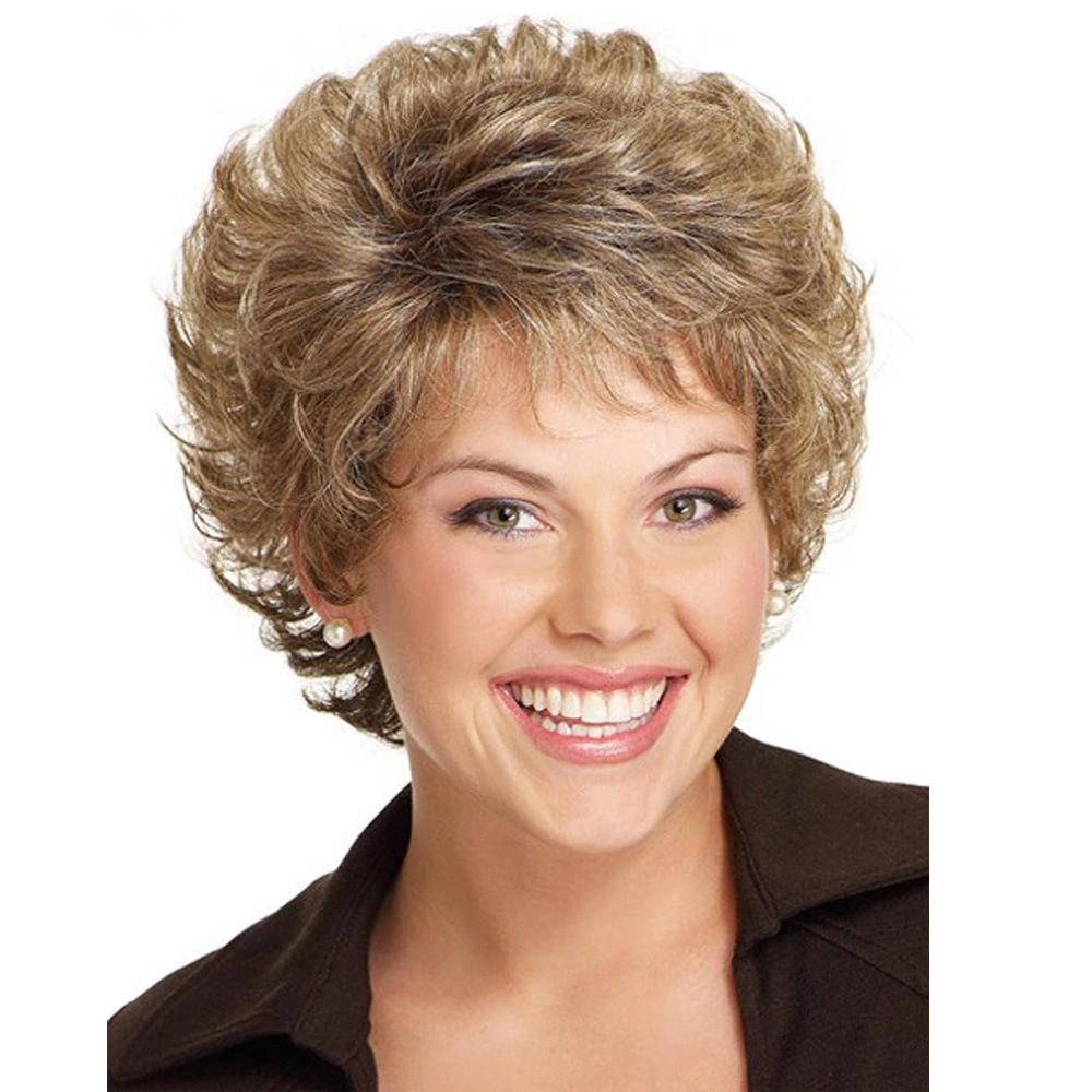 European and American Style Women's Fashion Daily Use Natural Looking Short Curly Wig with Bangs Synthetic Fiber Brown Wig