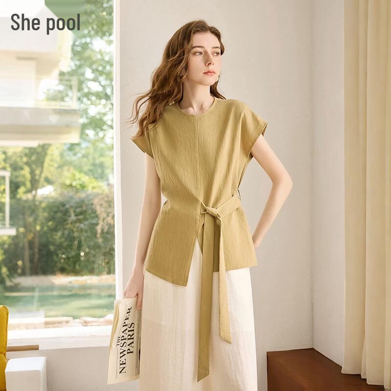 Women s Lyocell Blend Solid Round Neck Tie-Detail Blouse S