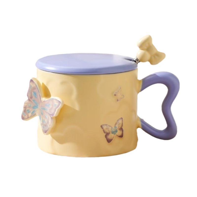Creative Embossed Butterfly Personalized Ceramic Mug As A Souvenir Coffee Cup with Lid and Spoon High Looking Small Fresh Water Cup