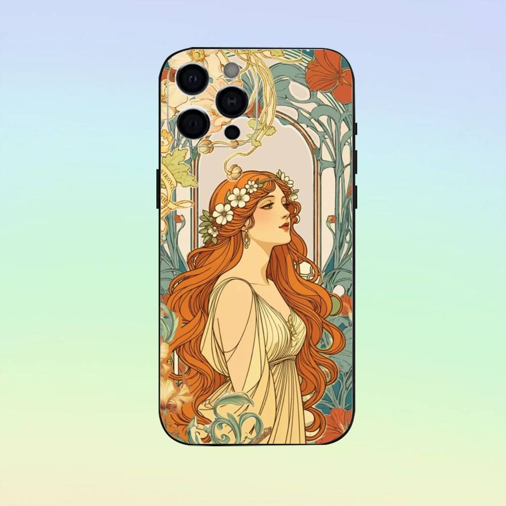Vintage A-Alphonse Mucha Phone Case For iPhone 17, 16,15,14,13,12,11, Others Soft Silicone Black Cover
