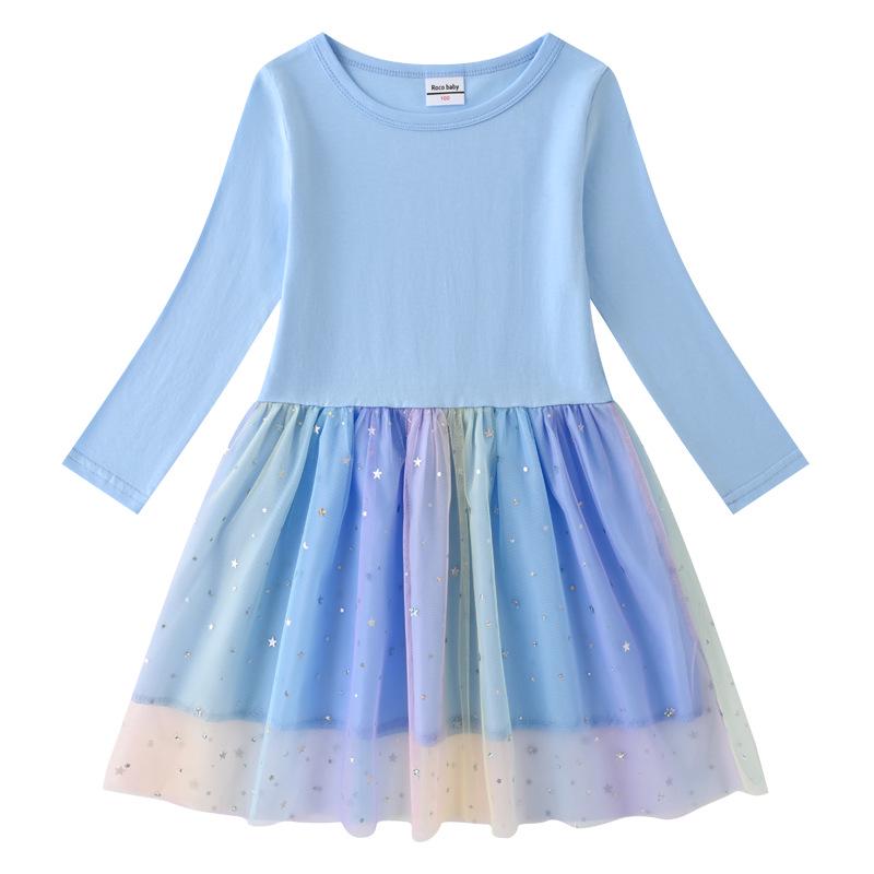 Korean Style Children's Princess Dress - Short/Long Sleeve with Stars, Rainbow Sequins, and Mesh Pleats for Spring, Summer, and Autumn
