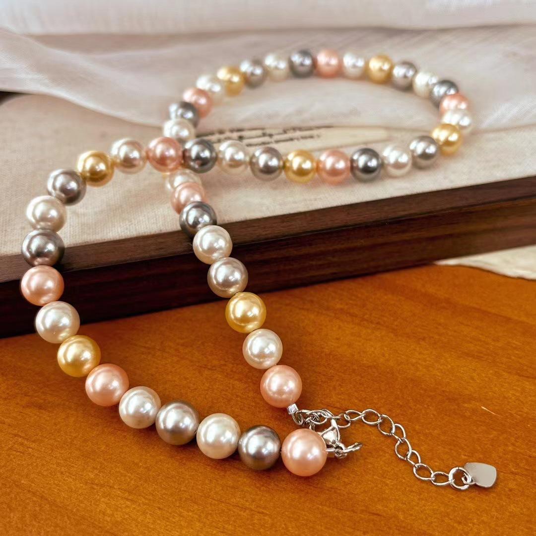 

Vintage Mixed Color Natural Deep Sea Shell Pearl Necklace Round Candy Color High-End Niche