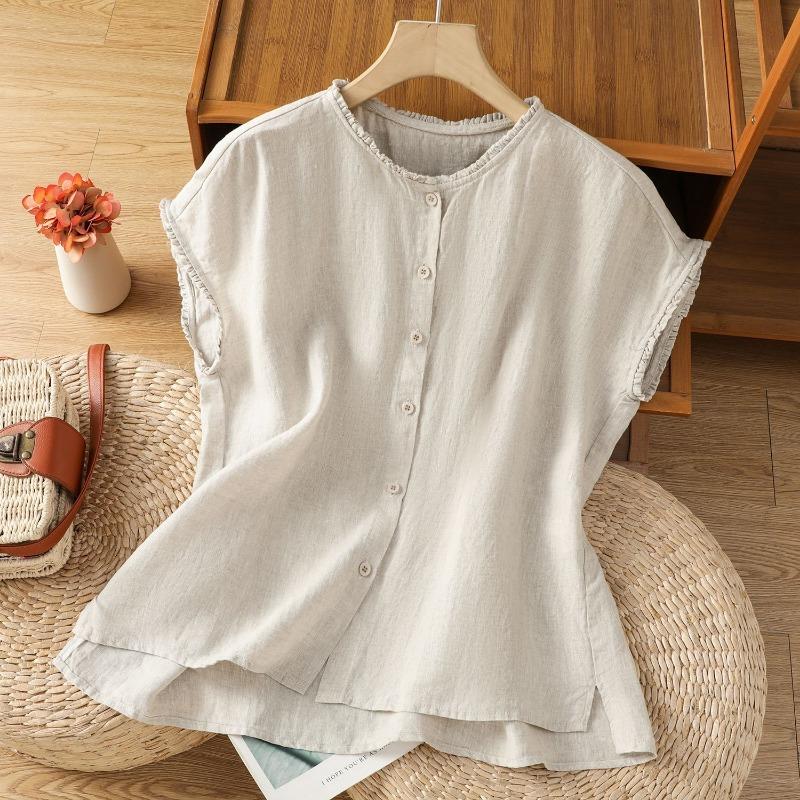 Women Dark Green Linen Blend Blouse With Ruffled Round Neck And Orange Button Front Casual Summer Top