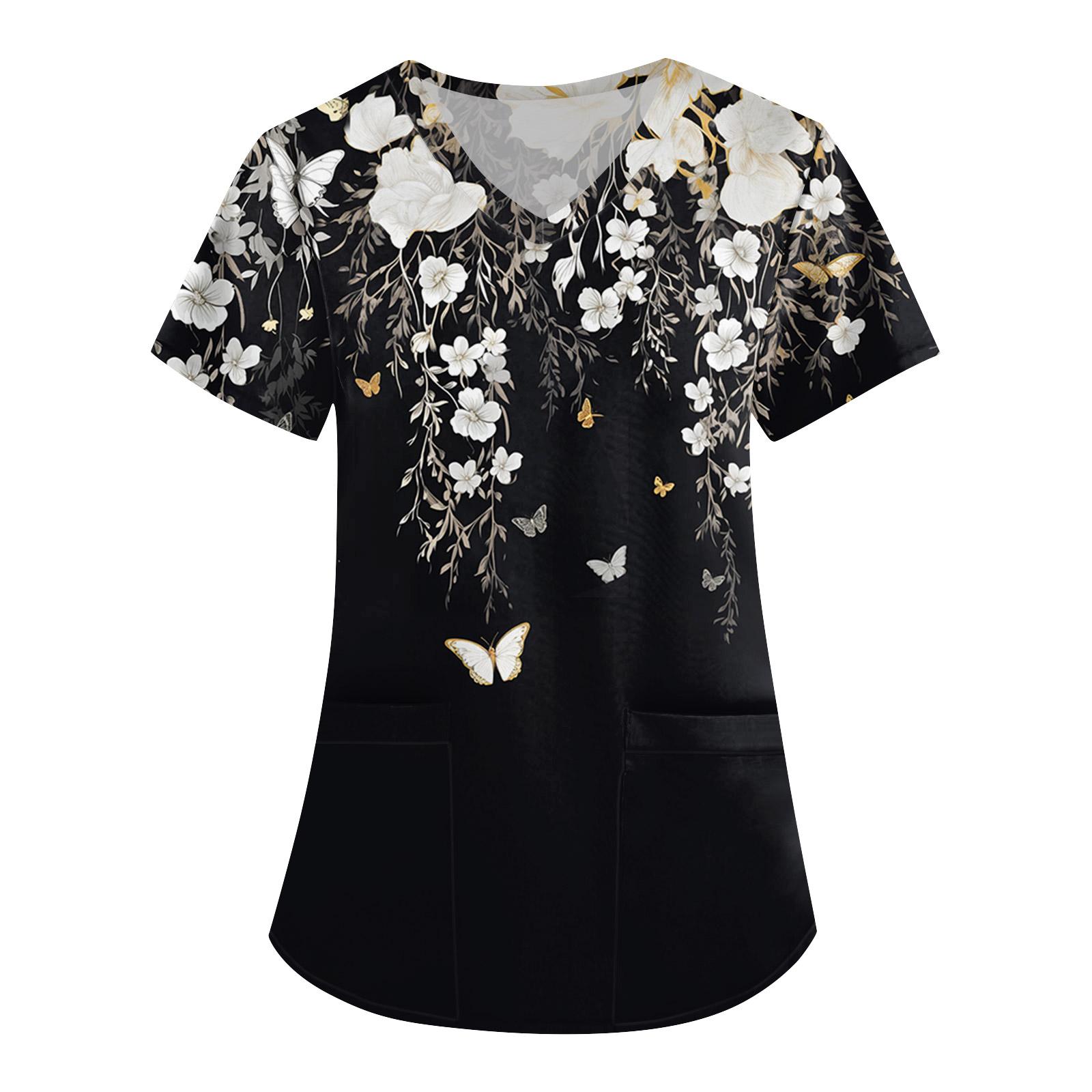 

Женская симпатичная принтованная рабочая одежда с V-образным вырезом, двухслойными карманами, базовым коротким рукавом, пуловером ко Дню святого Валентина XL белый