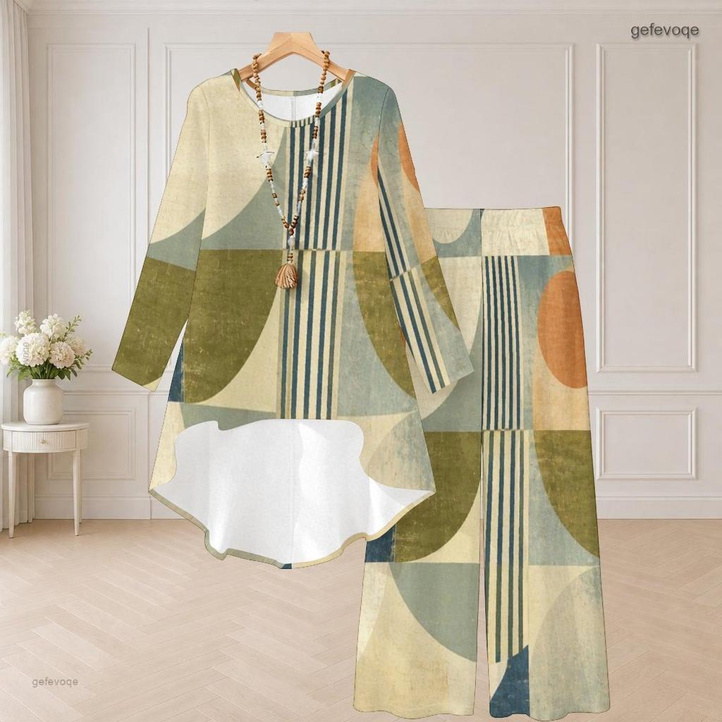 Women Plus Size Round Neck Long Sleeve Printed High Low Top Wide Leg Pants Two Piece Set