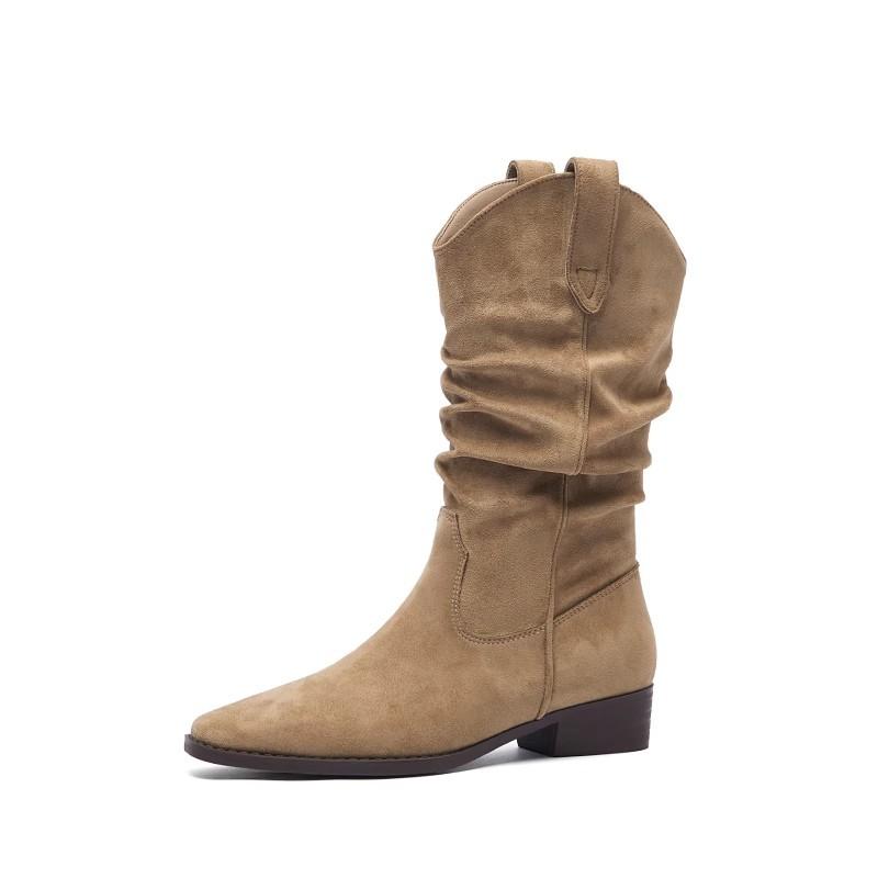 Sheepskin version~ retro western cowboy boots pointed thick heel short boots thin V-mouth pleated piled boots women's medium boots