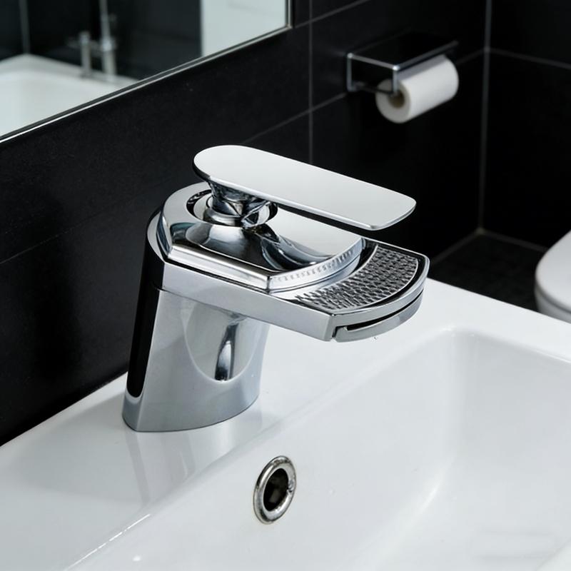 Brass Waterfall Bathroom Faucet, Single Hole Deck-Mounted Sink Faucet, Mixer Tap for Wash Basin, Hot/Cold Water, Modern Design