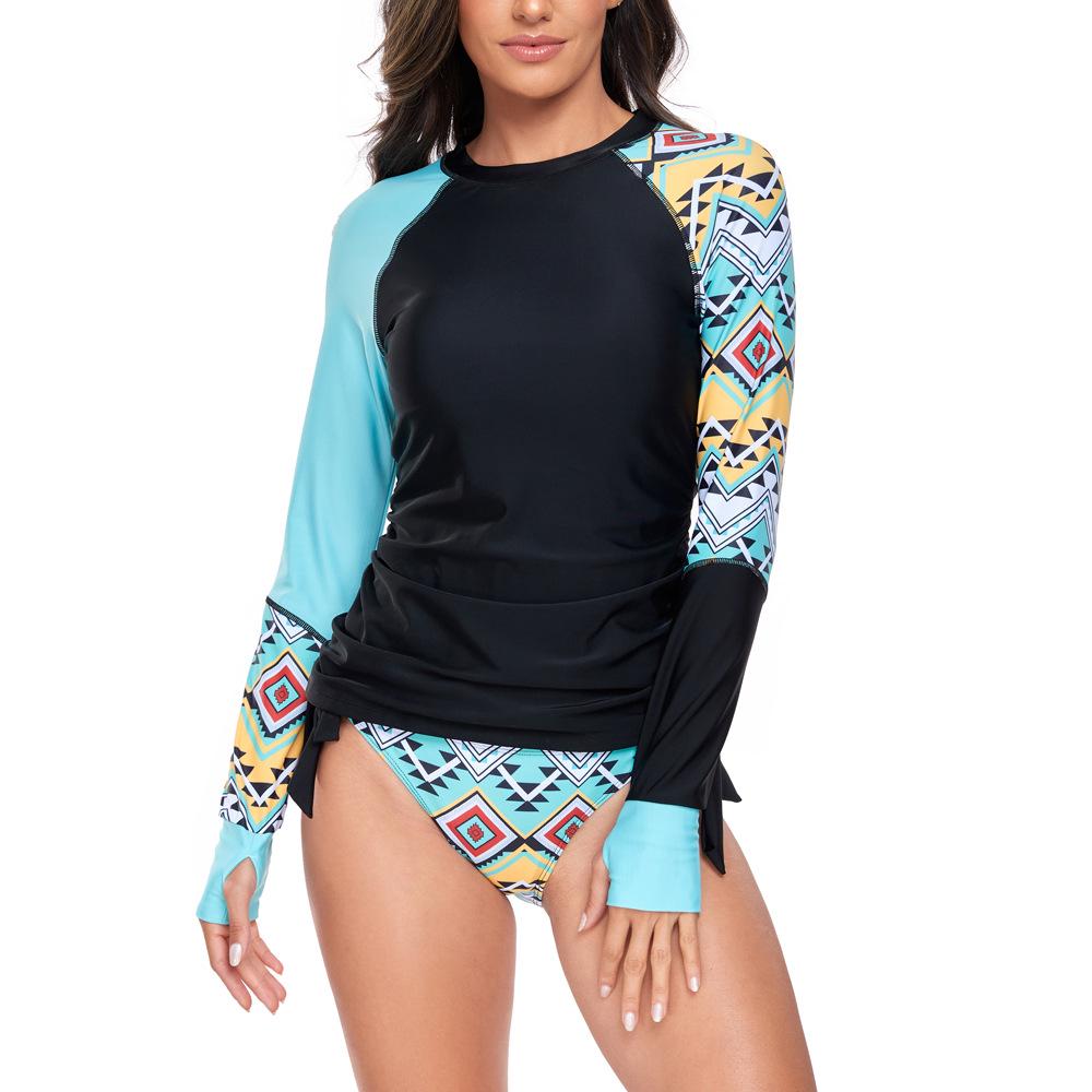 2024 Geometric Pattern Long-Sleeve Triangle Shorts Two-Piece Surf Suit