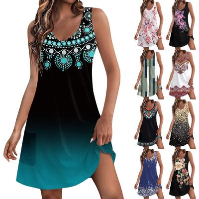 Lässiges Sommerkleid für Damen mit Taschen, Sommer-Boho-Strandkleid, Blumenblusen für Damen, T-Shirts, Kleid mit V-Ausschnitt, lockere Tank-Kleider