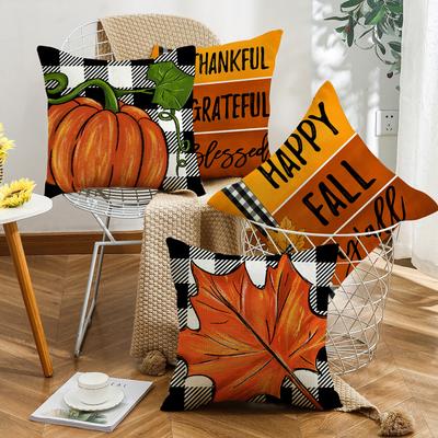 New Thanksgiving Autumn Cushion Pumpkin Maple Leaf Hand-painted Buffalo Check Home Cushion Pillow Cover